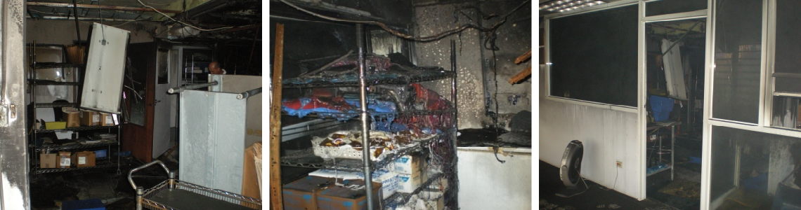 Historical images of fire damage at original Axium location in 2010.